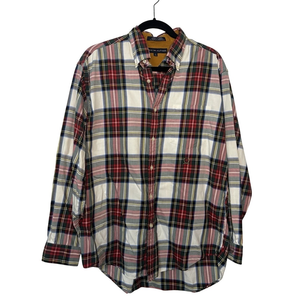 Y2K Tommy Hilfiger Plaid Button Down Shirt Mens M‎ White Red Green Oversized